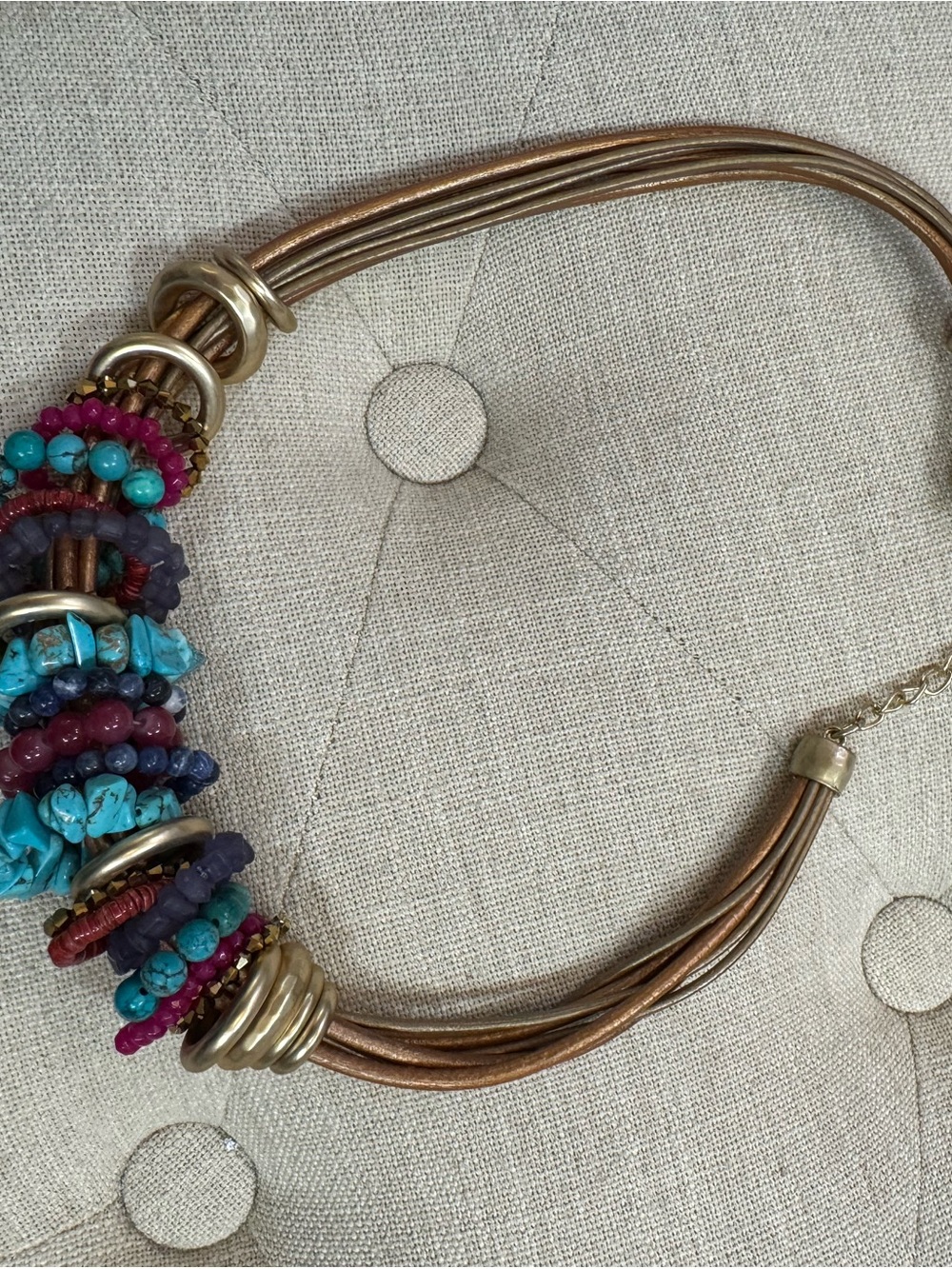 Chico's Multi-Strand Leather Necklace with Turquoise, Teal & Berry Beads - Picture 3 of 3